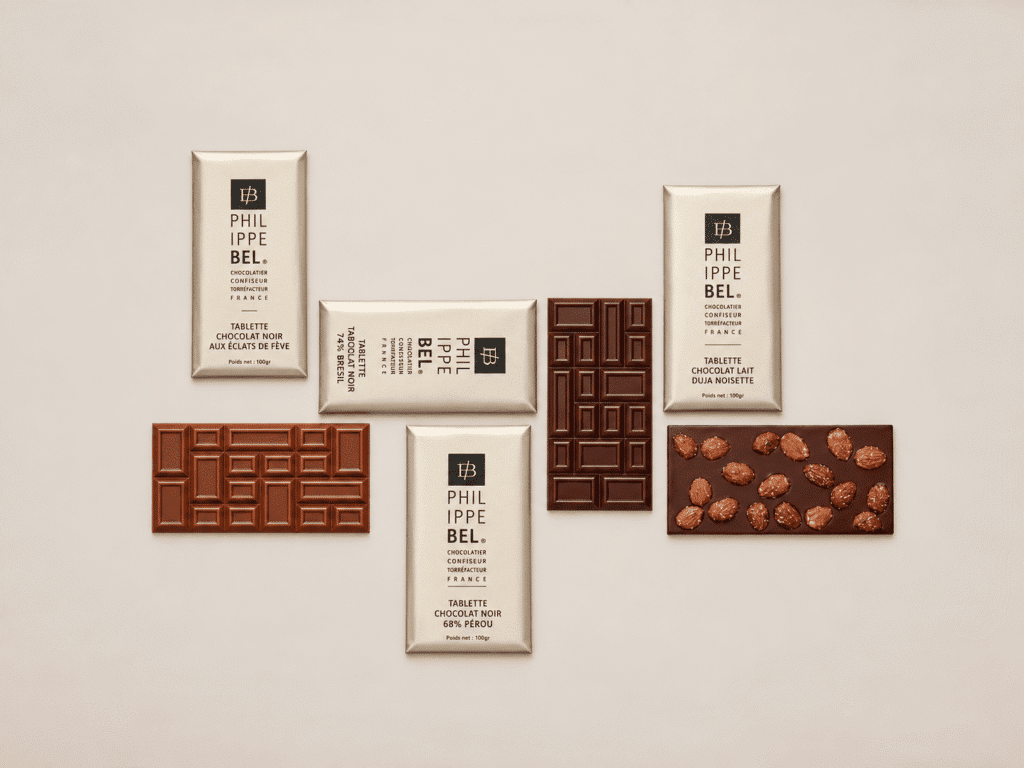 Assortment of dark, milk, and white chocolate bars - 100g
